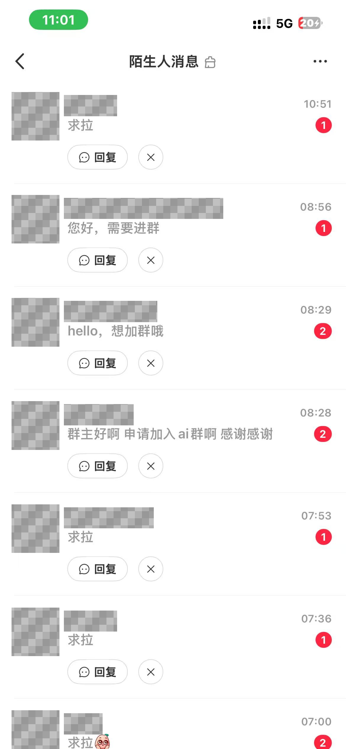 已脱敏的小红书陌生人消息截图,可见多条申请入群的私信,他人昵称和头像均已遮挡。